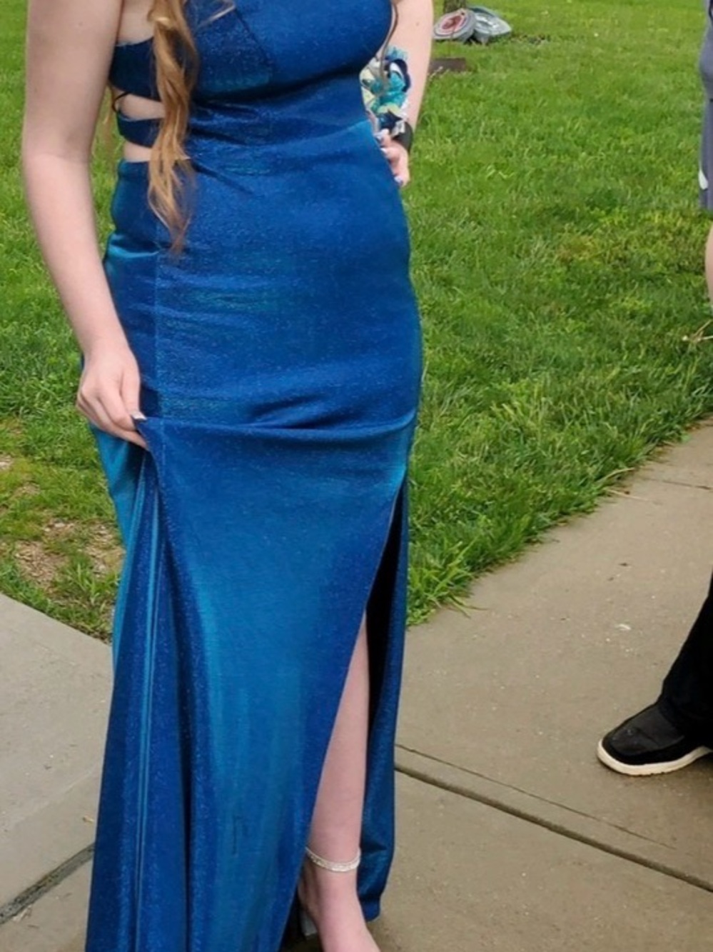 Morgan & Co. Shimmering Teal-Blue Prom Gown with Side Slit